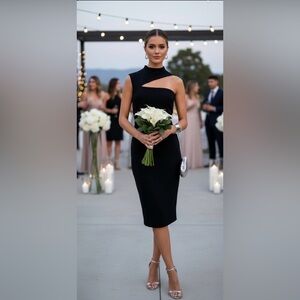 Lauren Ralph Lauren black asymmetric one-shoulder collared cocktail dress.